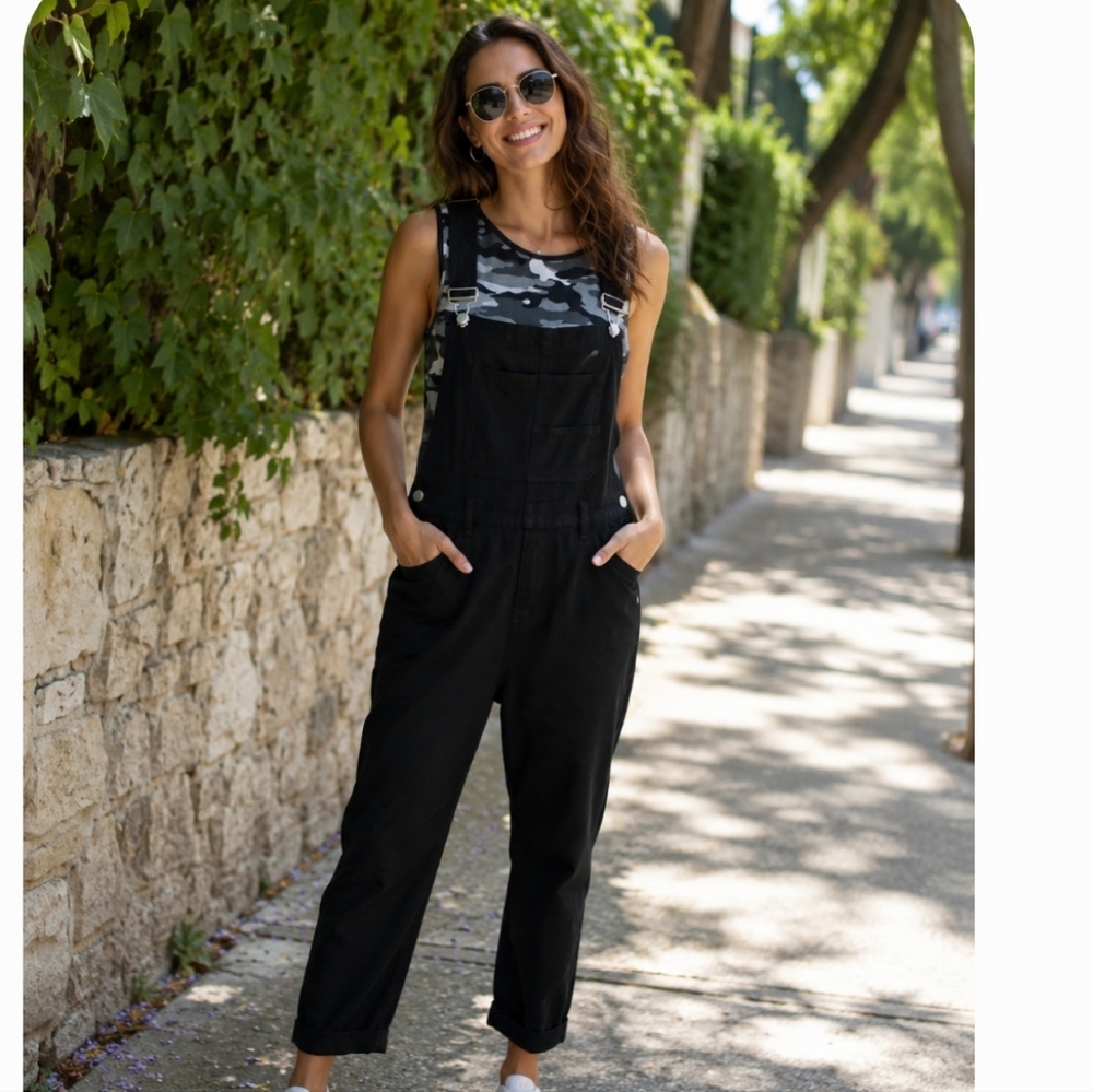 Anrabess Black Women's Denim Overalls  Pockets Side Strap Sz S